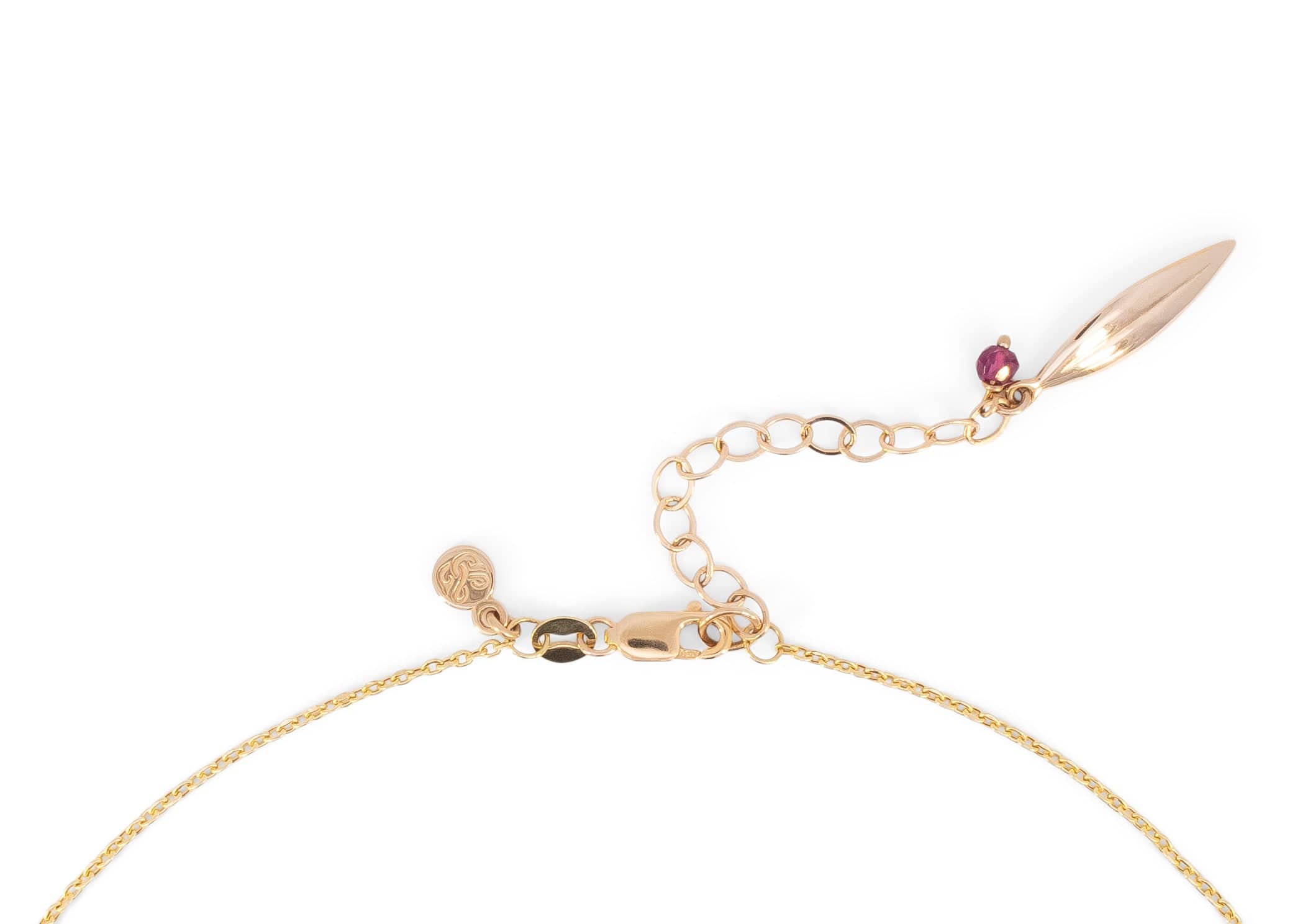 14k gold lobster clasp with pomegranate leaf detail