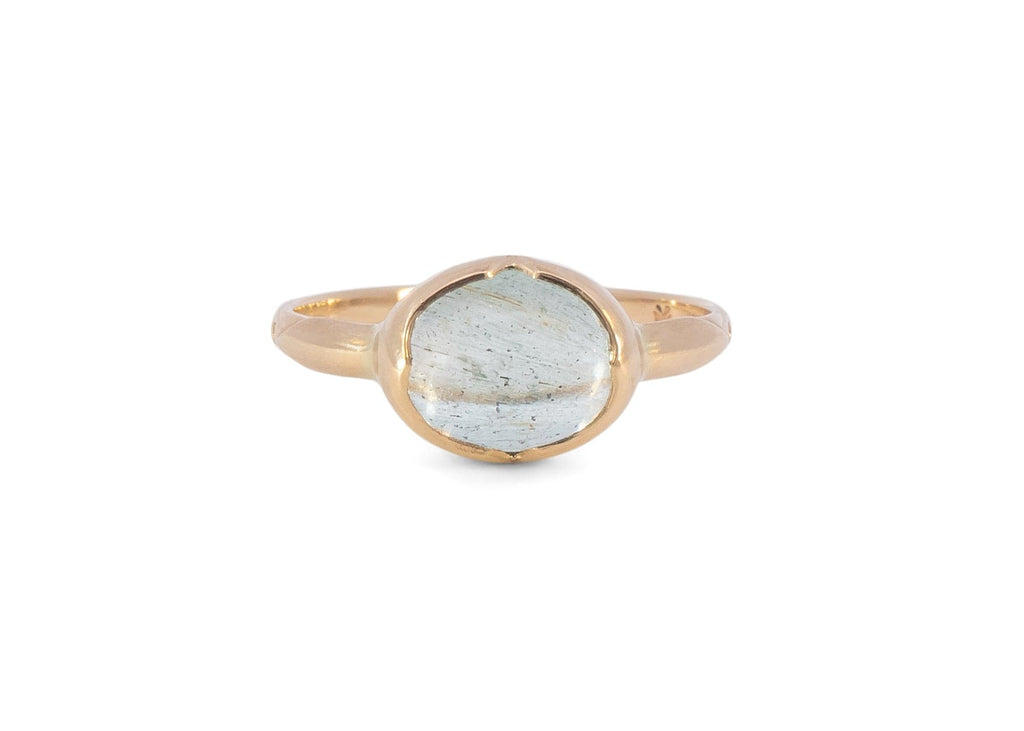 14k gold moss aquamarine ring with carved arrows and diamonds