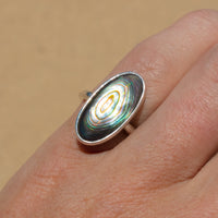 sterling silver elongated abalone shell ring  on hand