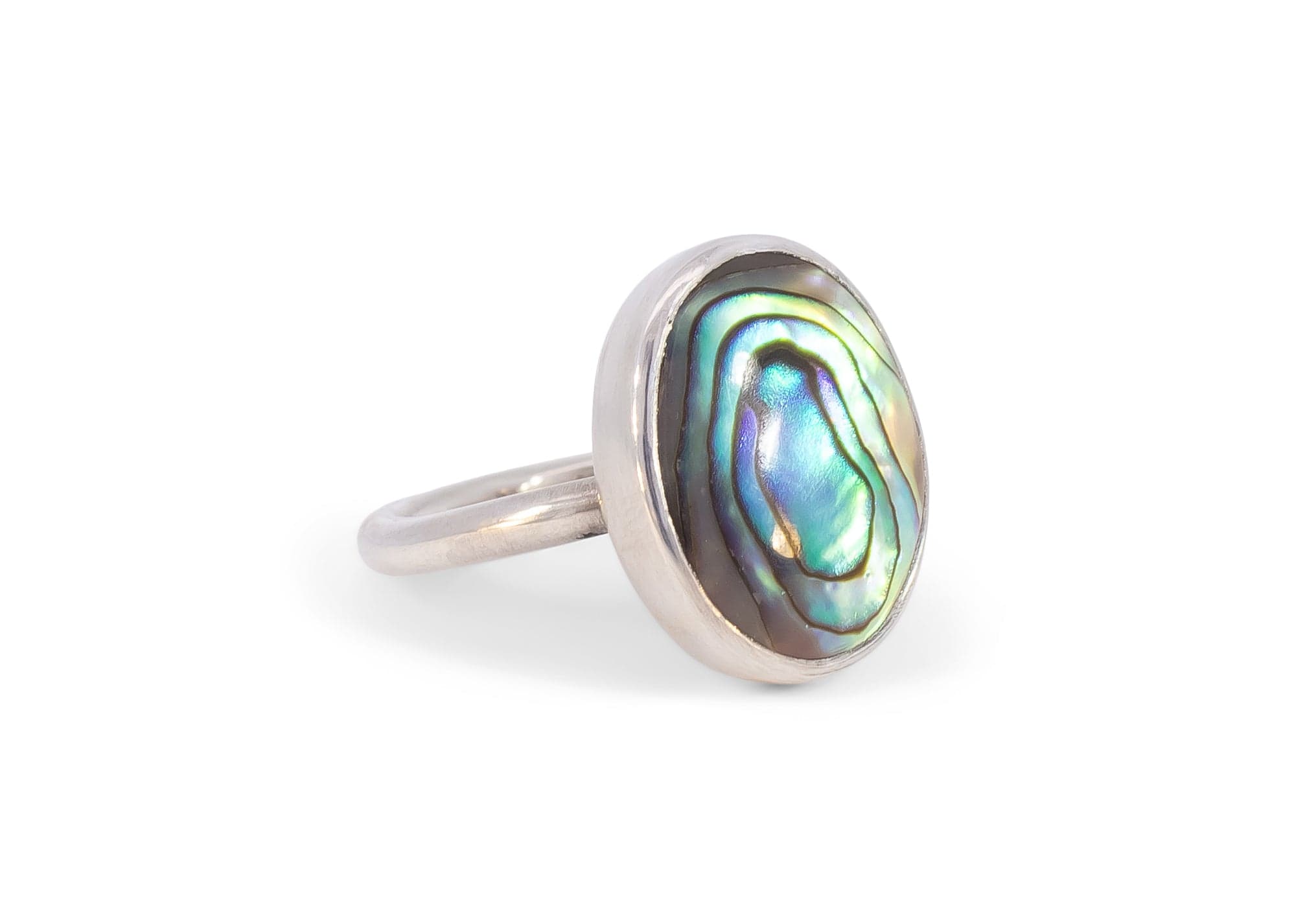 side of sterling silver oval abalone shell ring