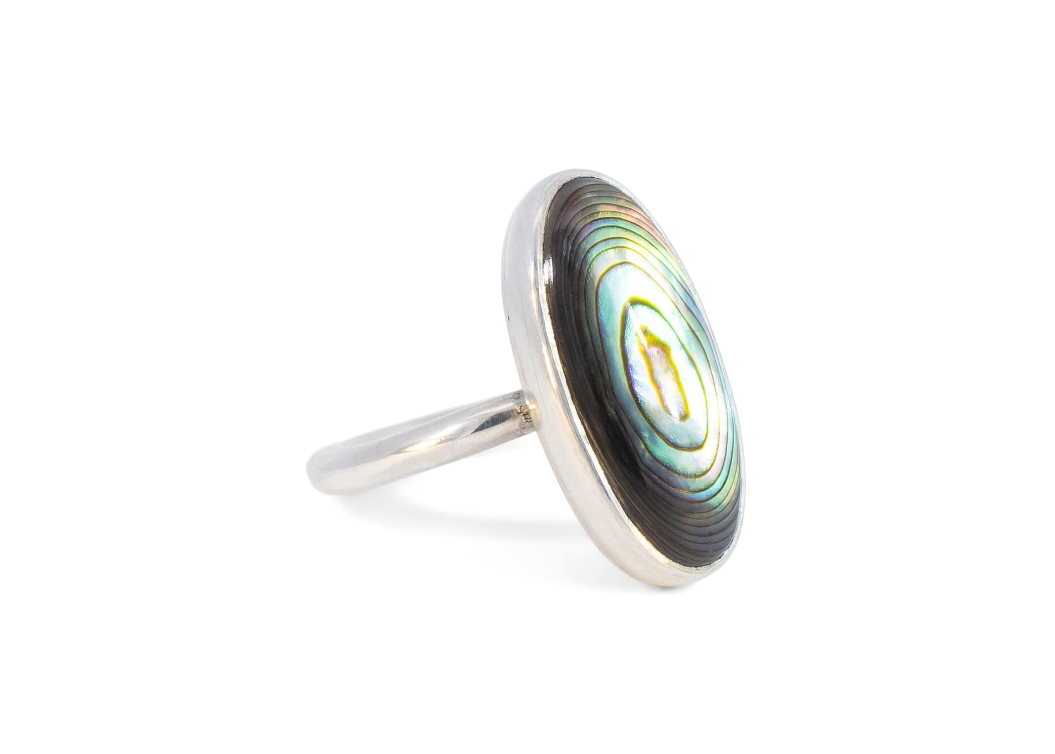 side of sterling silver elongated abalone shell ring