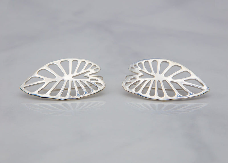 sterling silver taro leaf earrings with cutout designs