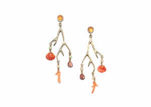 14k gold seaweed earrings with shells, coral, and peach moonstone