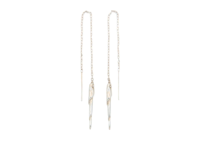 gold chain threader earrings with long thin twisted shell spine dangle