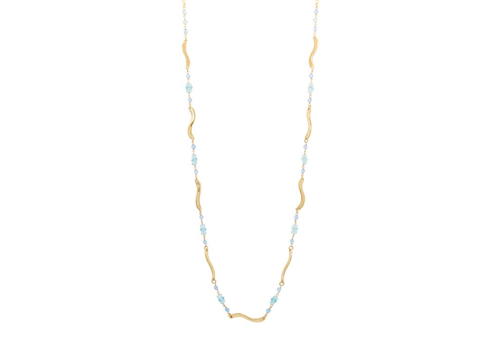 hammered 14k gold wave necklace with wire wrapped blue gemstones