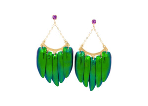14k gold green scarab beetle wing chandelier earrings with amethyst 