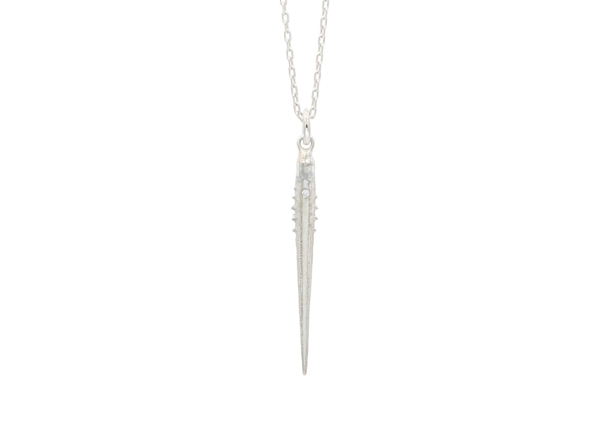 small silver sea urchin spine necklace with single diamond
