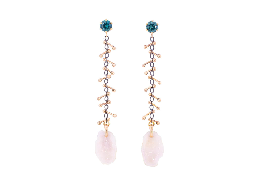 dangly earrings with gold barbells teal sapphires and tabasco geodes in hand