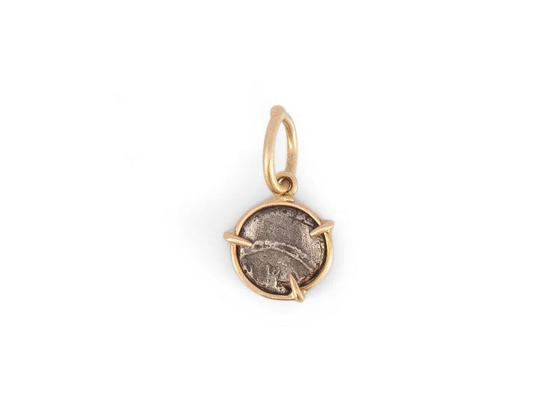 back of phoenician coin charm with 14k gold claw setting