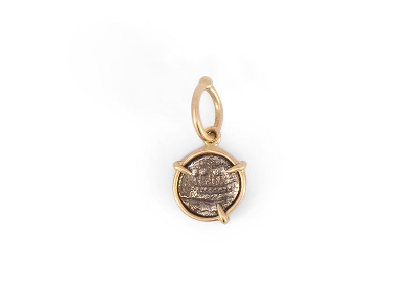 front of phoenician coin charm with 14k gold claw setting