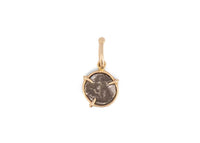 front of phoenician coin charm with 14k gold claw setting