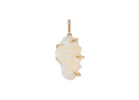 A gold pendant featuring a textured, ribbed white shell centerpiece held by delicate gold claw shaped prongs, with a small diamond-studded bail at the top, shown on a plain white background.