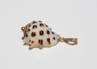 A small shell-shaped pendant charm with a cream-white body, dark brown spots, and a gold-tone loop with clear stones, shown on a plain white background.