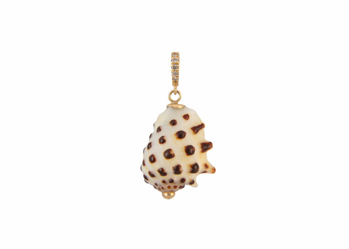 A gold-plated conch shell pendant charm with brown spots and a small top bail set with tiny clear stones, shown on a plain white background.