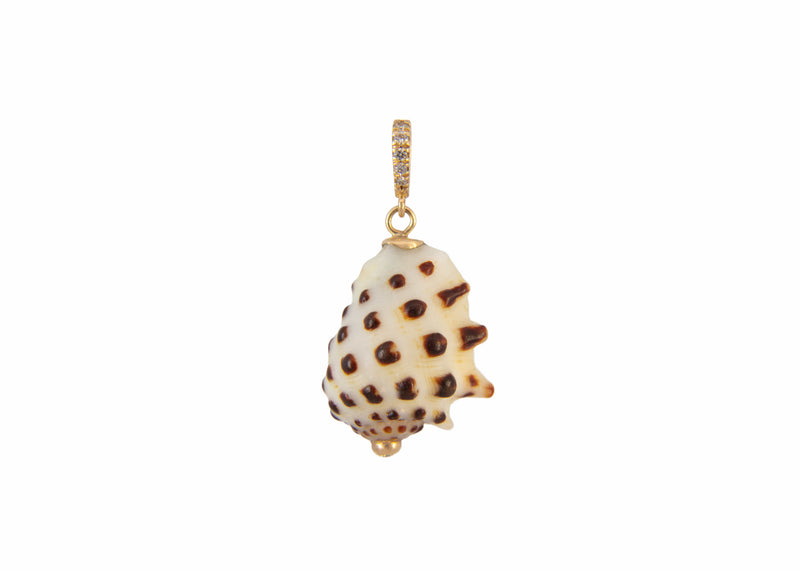 A gold-plated conch shell pendant charm with brown spots and a small top bail set with tiny clear stones, shown on a plain white background.