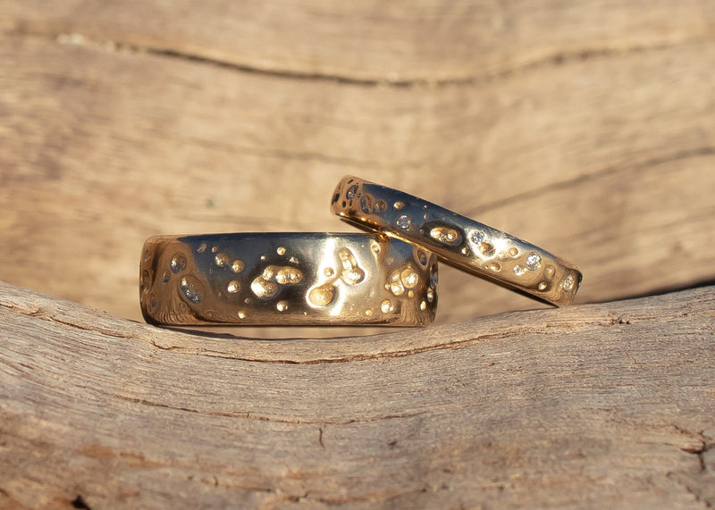 14k gold hawaii lava rock alternative wedding band set