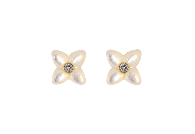 small gold mother of pearl flower earrings with diamonds