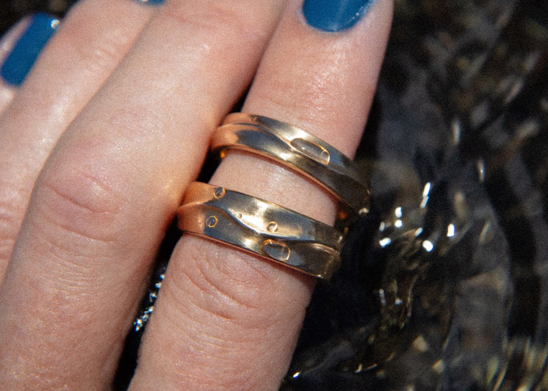 14k gold ocean inspired men's wave wedding bands