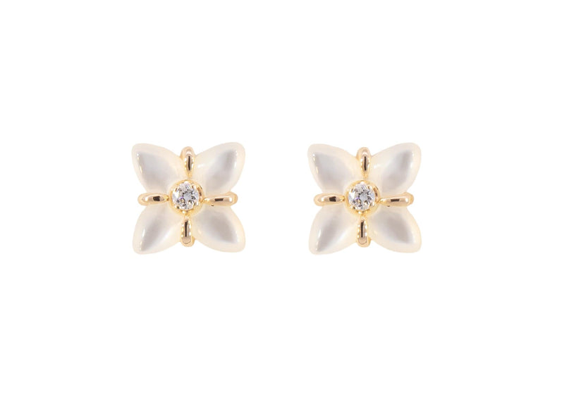 gold mother of pearl flower earrings with diamonds