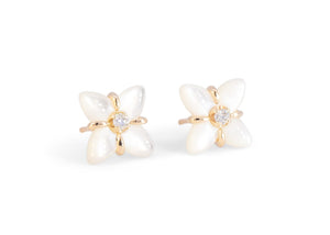 gold mother of pearl flower earrings with diamonds