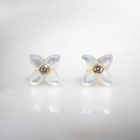 small gold mother of pearl flower earrings with white diamonds