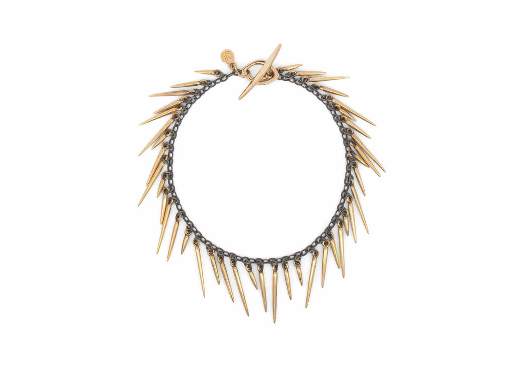 black and gold sea urchin spine fringe bracelet with toggle clasp