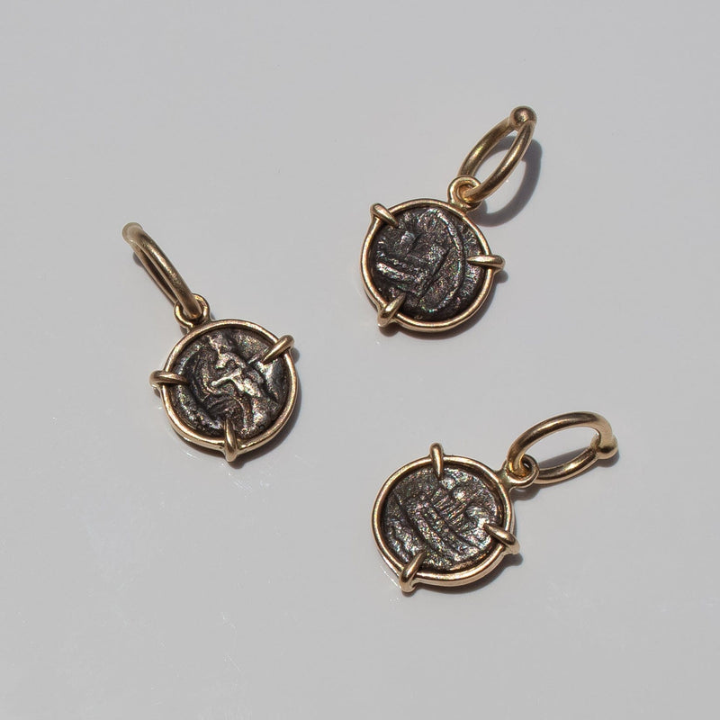 silver phoenician coin charms with 14k gold claw settings