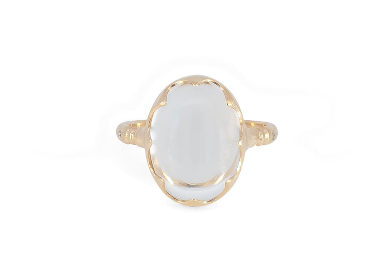 front of 14k gold clear quartz crystal ring