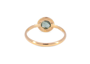 back of 14k gold rose cut teal Montana sapphire ring with claw setting