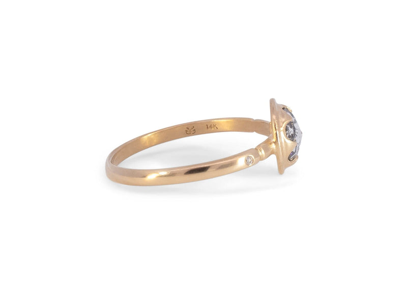 low profile gold alternative engagement ring with claw set rose cut salt and pepper diamond