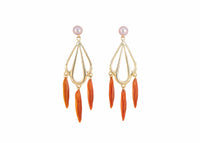 gold scallop shell shaped chandelier earrings with long red shells and lavender edison pearls