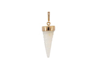 A gold cone-shaped shell pendant with a textured white center and a small gold diamond-studded bail at the top shown on a plain white background.