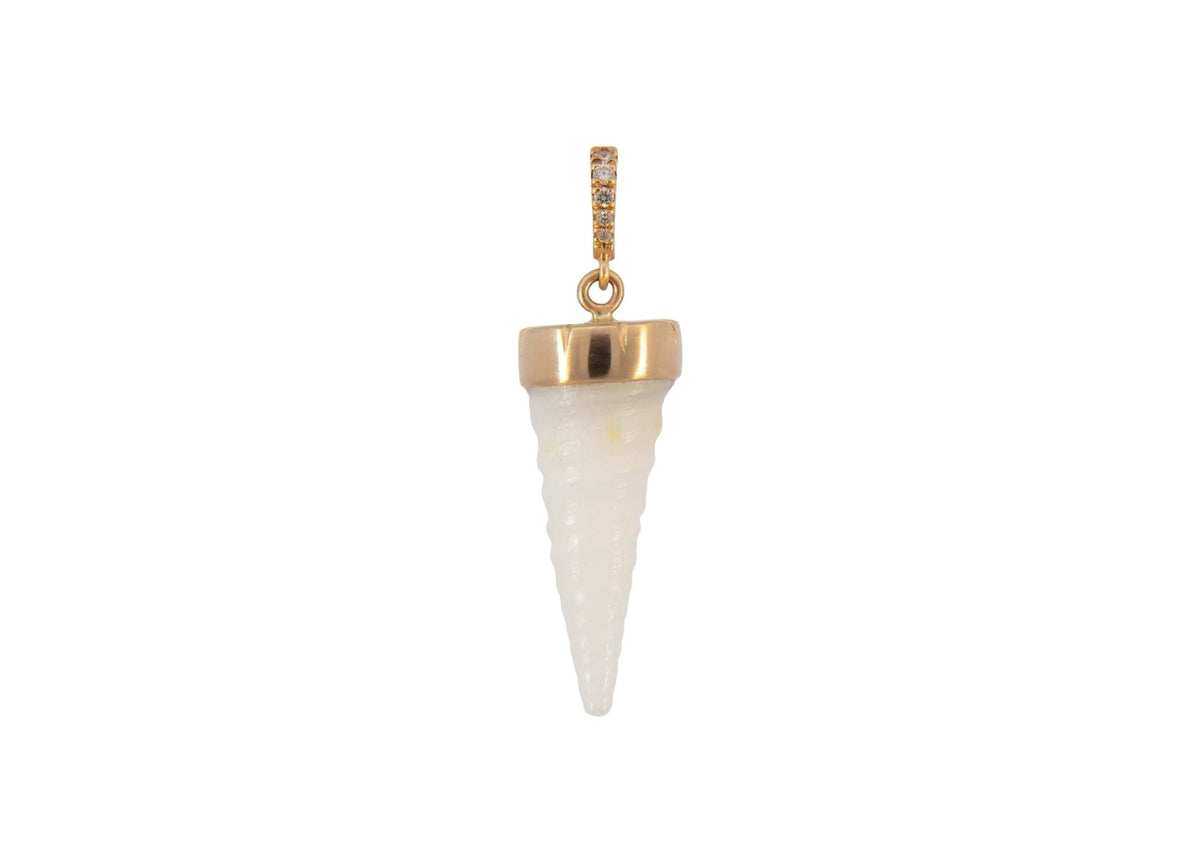 A gold cone-shaped shell pendant with a textured white center and a small gold diamond-studded bail at the top shown on a plain white background.