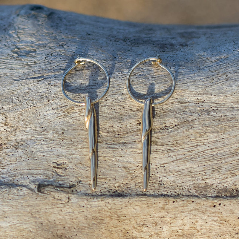 14k gold spiral shell hoop earrings on driftwood in golden hour light