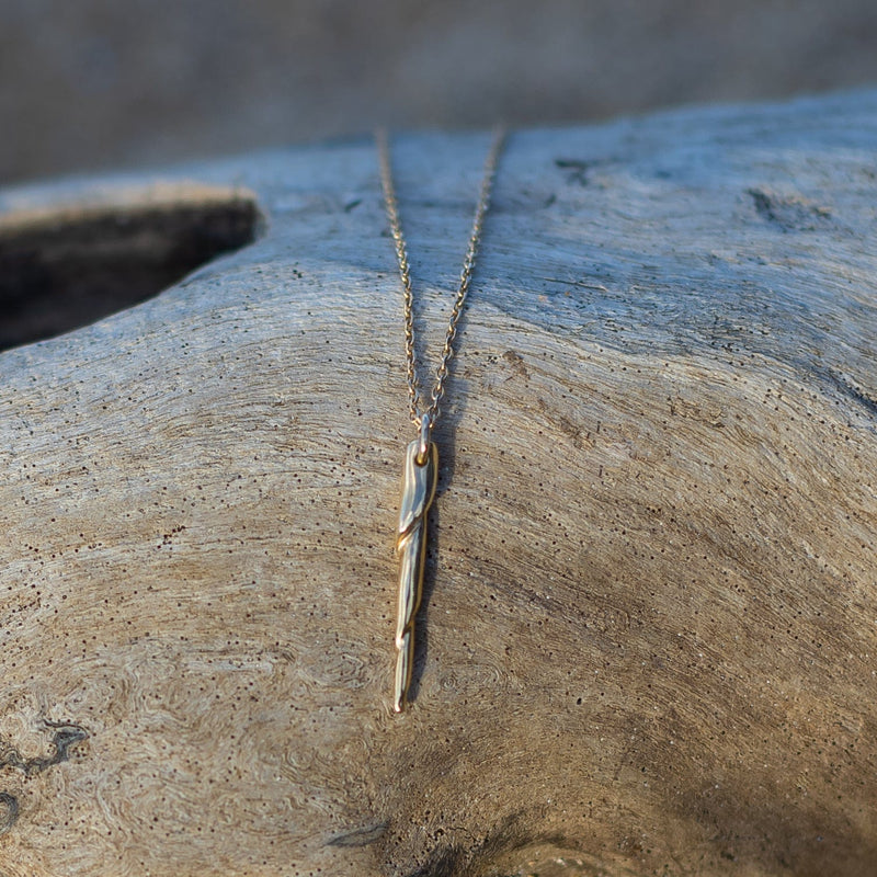 14k gold spiral shell necklace on driftwood in golden hour light