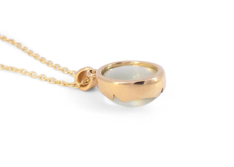 back of 14k gold green moonstone necklace with scalloped bezel