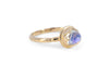 14k gold antique inspired ring with bullet shaped blue moonstone in scalloped setting