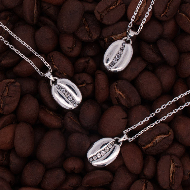 sterling silver coffee bean necklace with white topaz stones