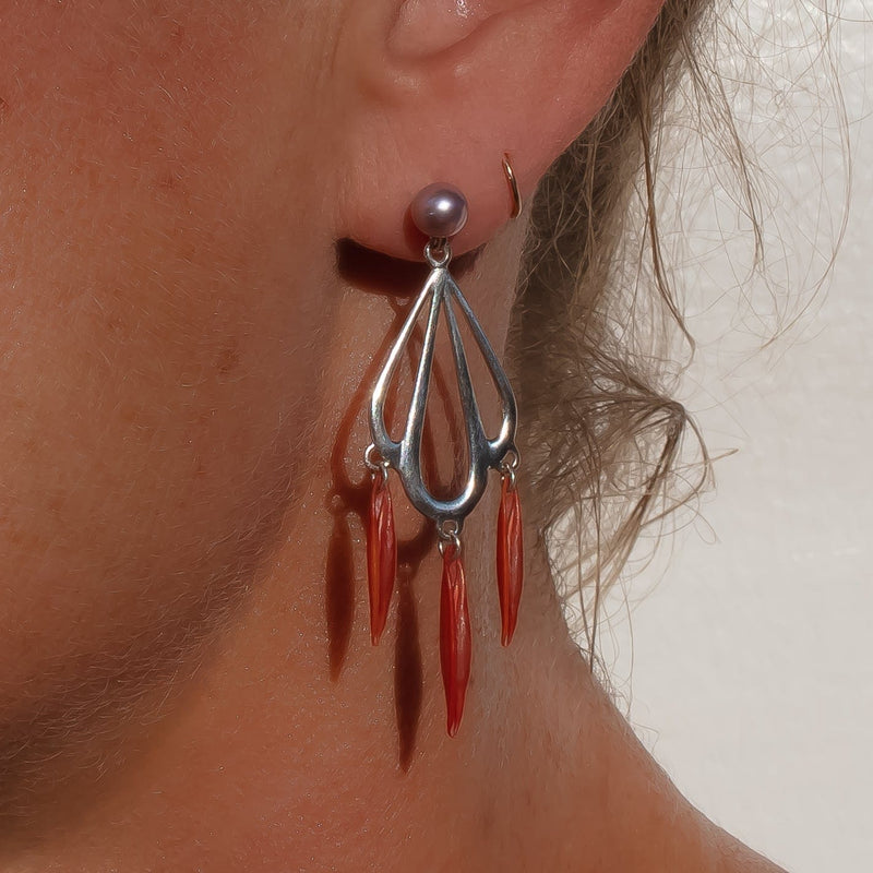 silver scallop shell shaped chandelier earrings with long red shells and edison pearls