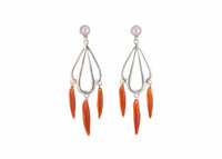 silver scallop shell shaped chandelier earrings with long red shells and edison pearls