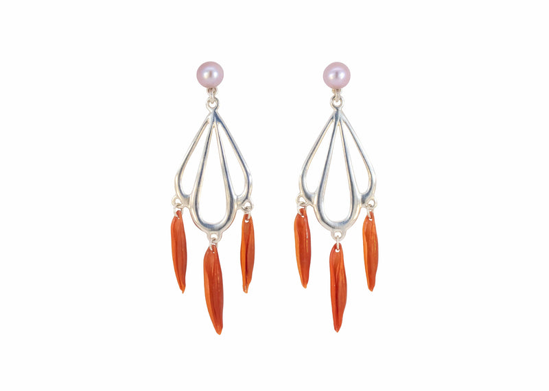 silver scallop shell shaped chandelier earrings with long red shells and edison pearls