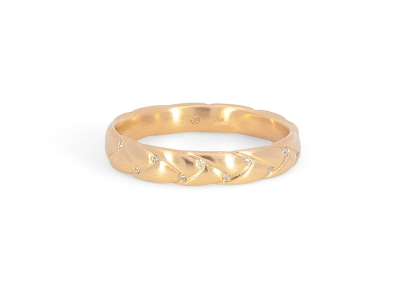 brushed gold braided travelers palm womens wedding band with diamonds