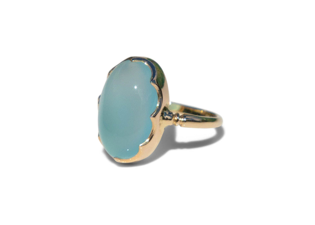 14k gold blue chalcedony cocktail ring with scalloped wave bezel
