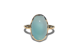 14k gold blue chalcedony cocktail ring with scalloped wave bezel