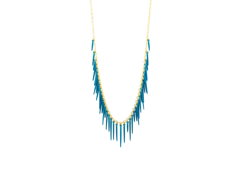 sea urchin inspired fringe necklace with gold chain and powder coated blue spikes 
