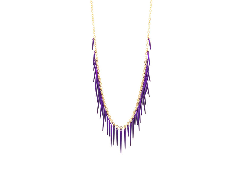 14k gold urchin fringe style necklace with purple powder coated spikes