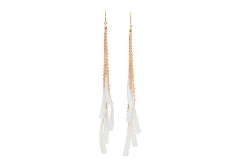 yellow gold dangle earrings with white dentalium tusk shells