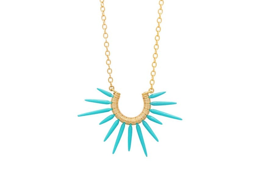 spiky turquoise blue powder coated spike necklace with gold chain