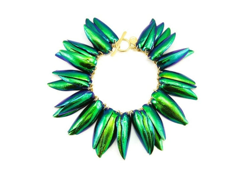 iridescent green scarab beetle wing fringe bracelet with toggle clasp