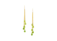 dangly earrings made from lime green teardrop shaped gemstones wire wrapped to vermeil chain